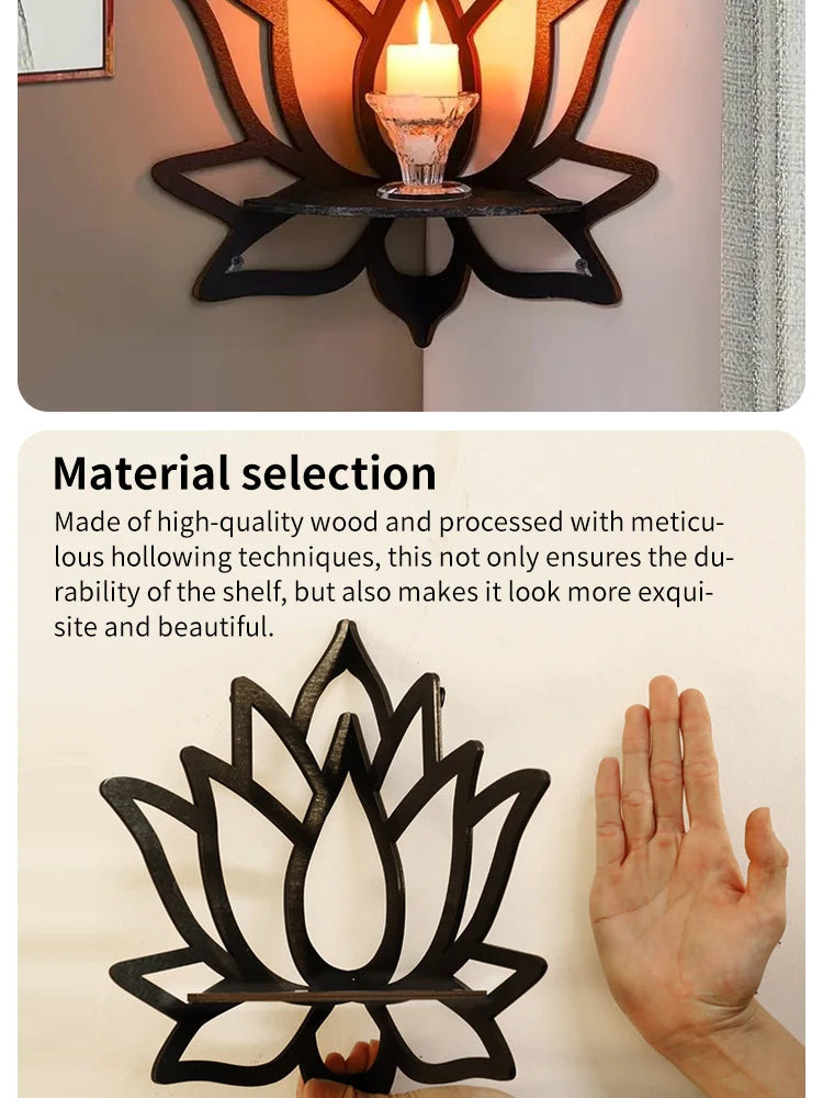 Handcrafted Lotus Wooden Wall Shelf with Cutout Design