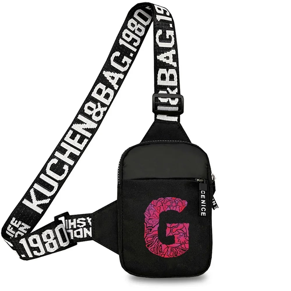 Black canvas chest bag with a wide strap featuring the text KUCHEN&BAG.1980