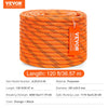 Orange and black double-braided polyester rope, 120 feet long, for climbing and rigging.