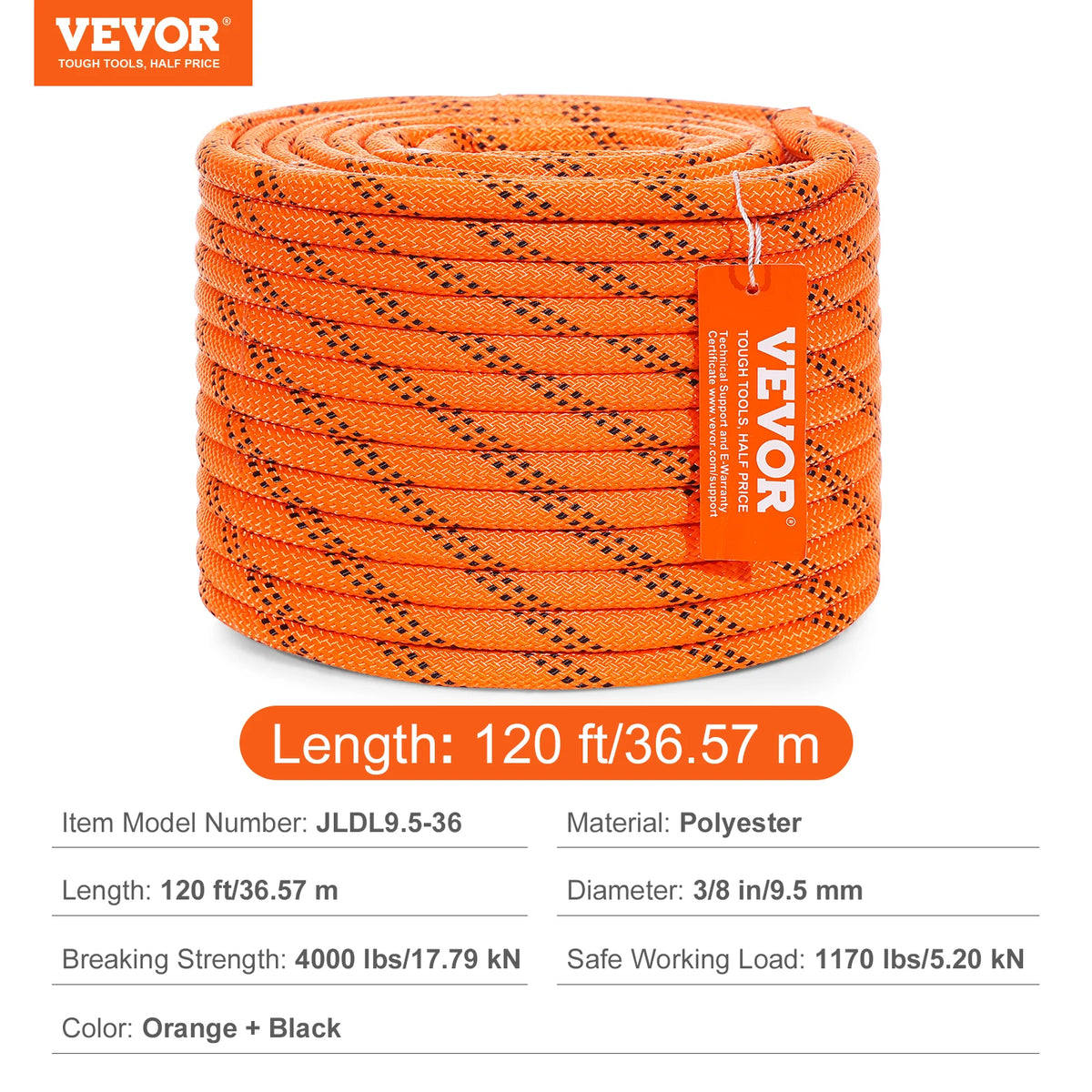Orange and black double-braided polyester rope, 120 feet long, for climbing and rigging.