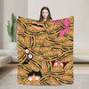 A colorful cartoon illustration of many hamburgers on a blanket.