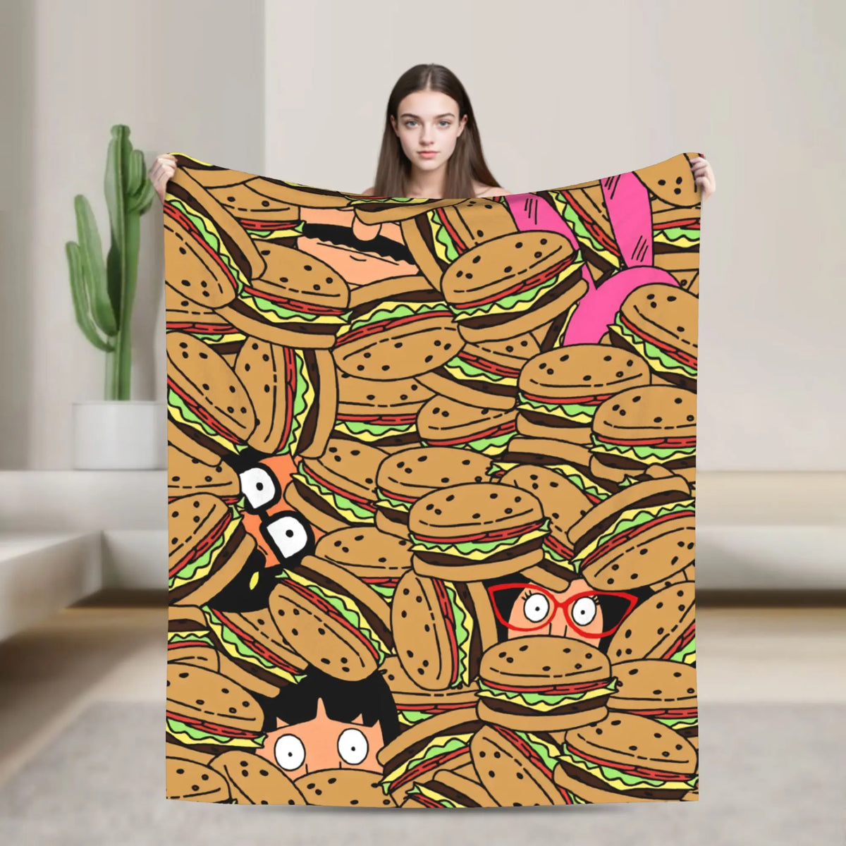 A colorful cartoon illustration of many hamburgers on a blanket.