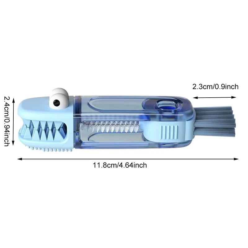A clear blue multi-purpose cleaning brush set with a silicone bristles and a small head for cleaning bottles, cups, and straw