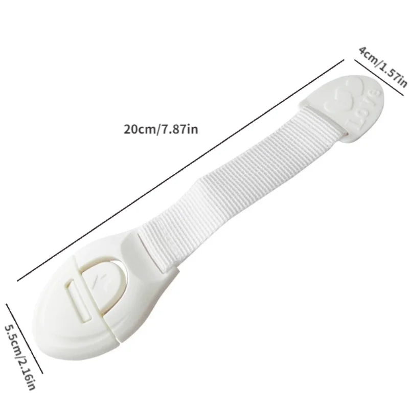 White adhesive baby proofing latch for drawers and cupboards, measuring 20cm long.