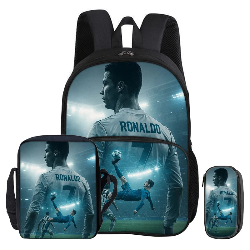 A black backpack and pencil bag featuring a graphic of Cristiano Ronaldo.