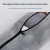 Close-up of a gray velvet travel neck pillow showing the side zipper design.