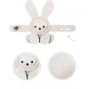 A white bunny bag charm keychain featuring a stitched rabbit design and a round white puff.