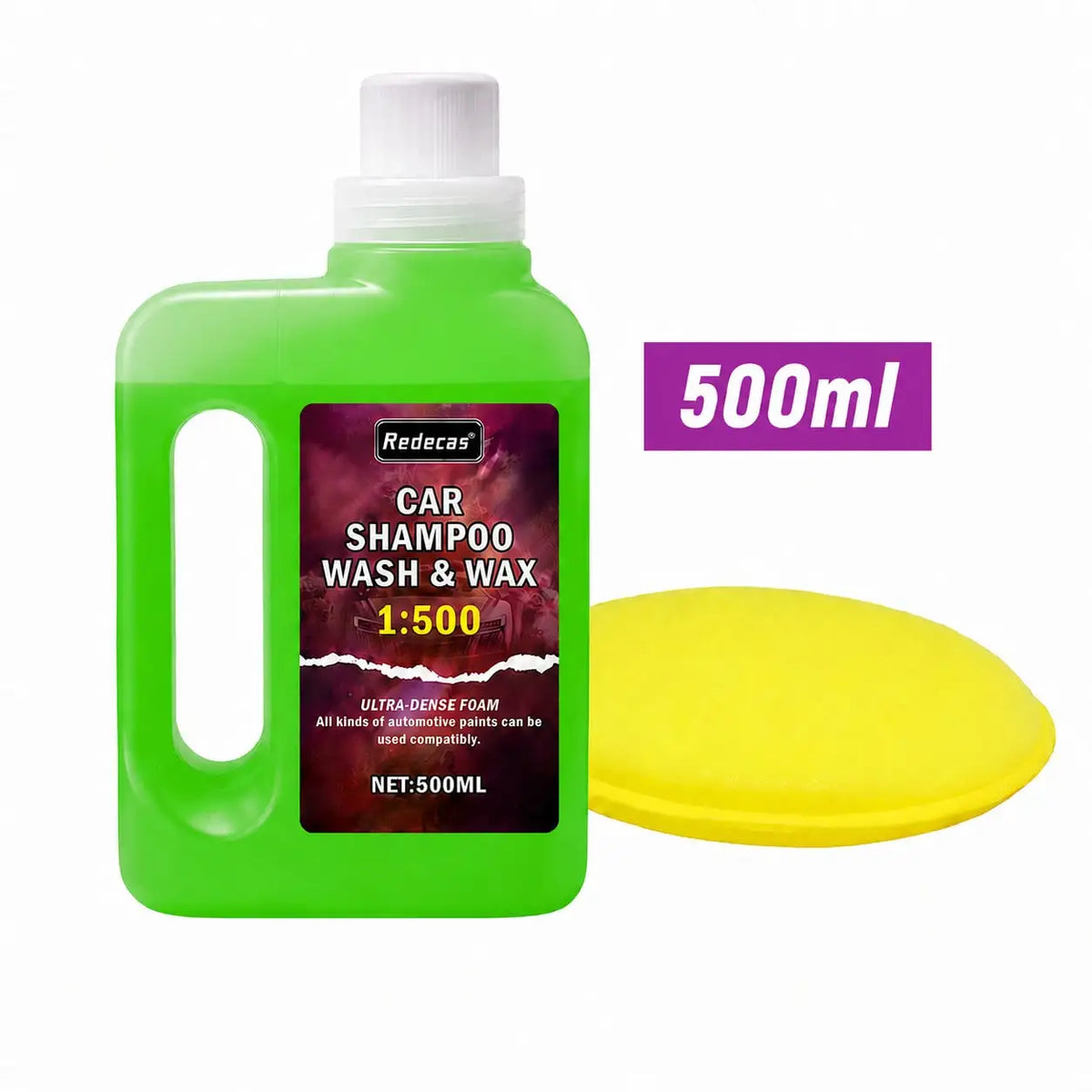 A green bottle of 500ml car shampoo wash and wax with a yellow cap and lime green cap.