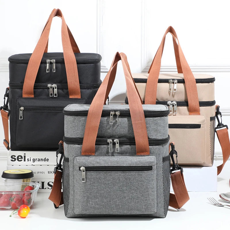 Insulated Double-Layer Lunch Tote with Shoulder Strap