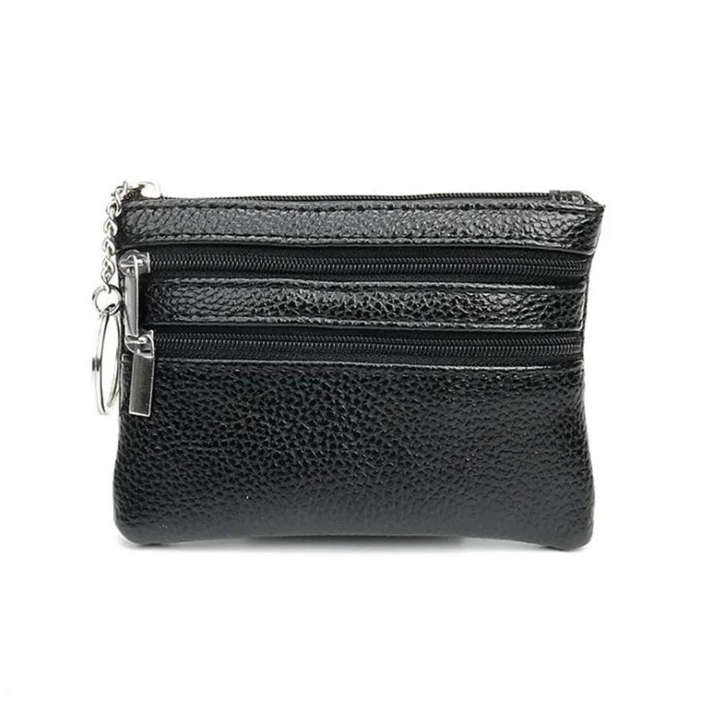 Black compact PU leather two-zip coin purse with a textured finish