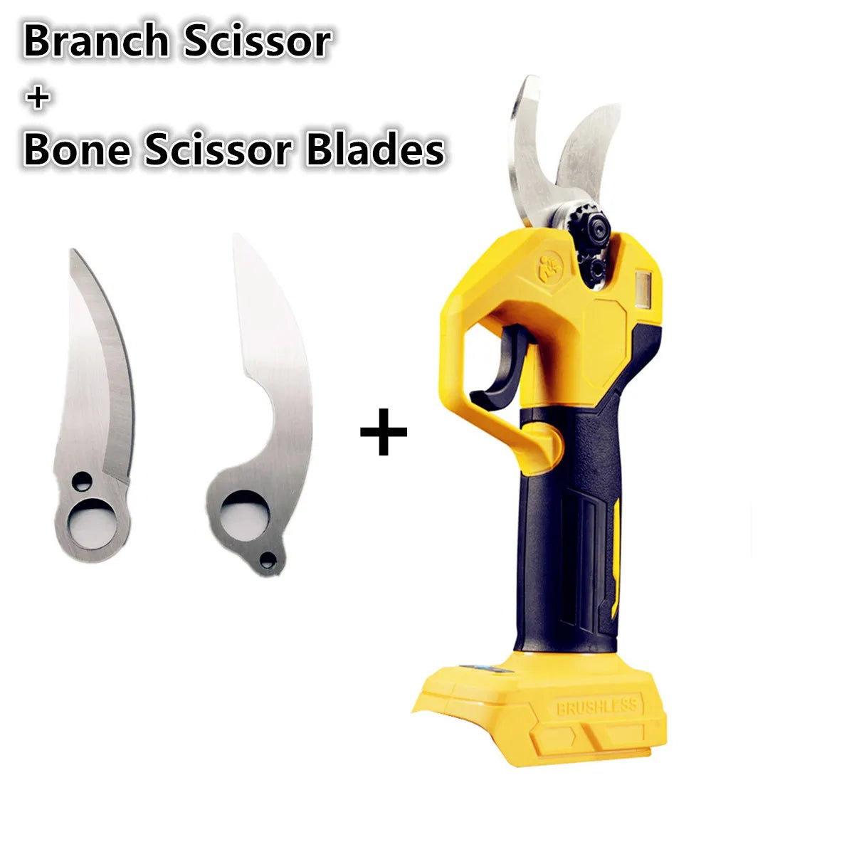 A yellow cordless multi-blade cutting shear tool with bone scissor blades and a branch scissor blade.