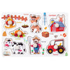 A wooden alphabet and number peg puzzle set featuring farm animals like a donkey, cow, chicken, and various tools.