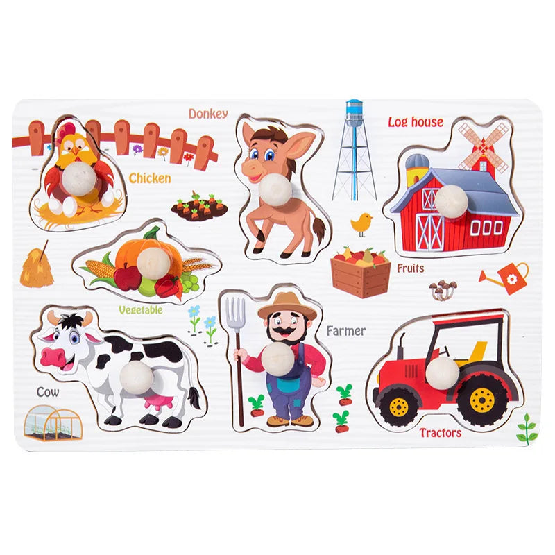 A wooden alphabet and number peg puzzle set featuring farm animals like a donkey, cow, chicken, and various tools.