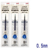 Pack of three Uni ZENTO quick-dry gel pens in black and blue packaging