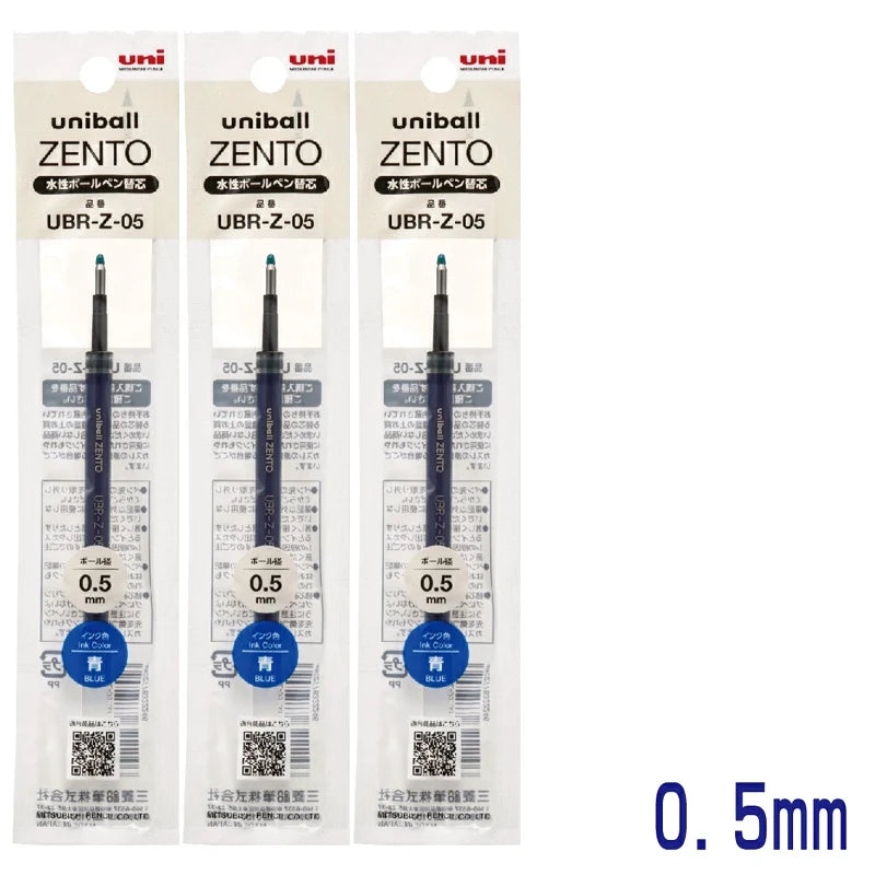 Pack of three Uni ZENTO quick-dry gel pens in black and blue packaging