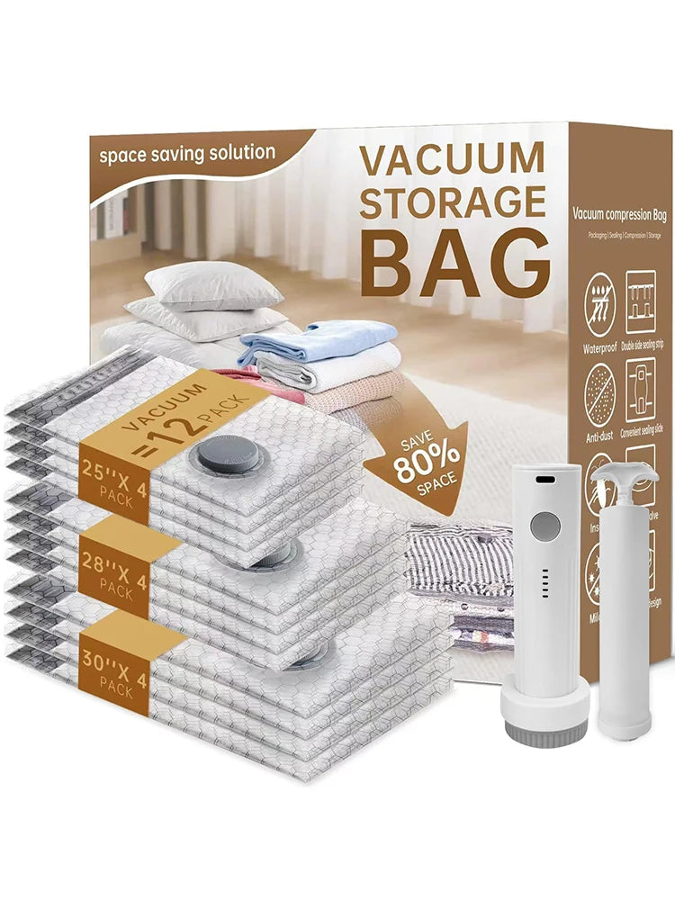 A box showing vacuum storage bags, including various sizes like 25x4, 28x4, and 30x4 packs.