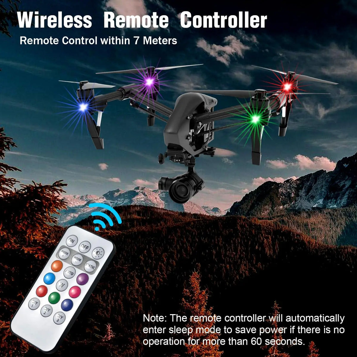 A remote controller is shown operating a drone, demonstrating wireless control within 7 meters.
