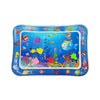 A blue inflatable baby water play mat filled with various floating plastic toys and sea creatures.