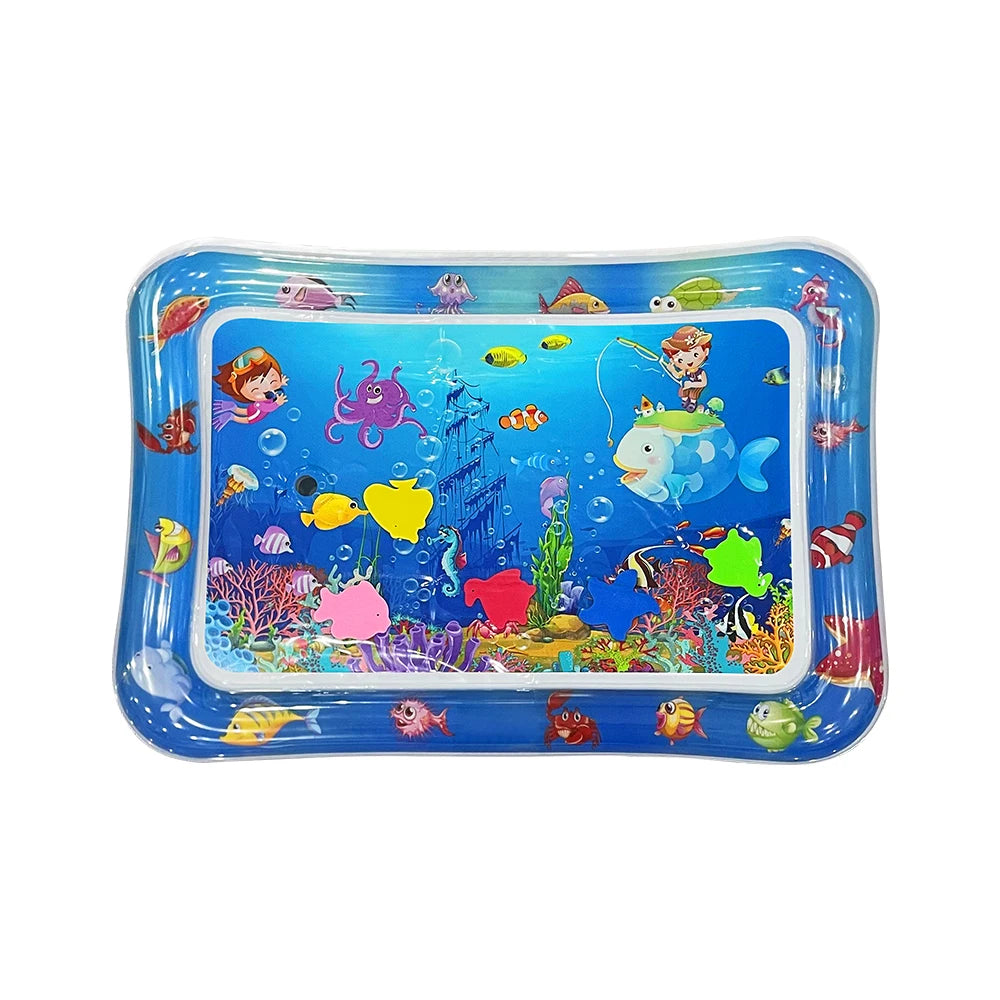 A blue inflatable baby water play mat filled with various floating plastic toys and sea creatures.