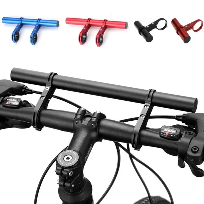 Various aluminum alloy bicycle handlebar extender mounts and clamps shown for mounting accessories.