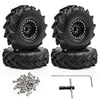 Set of four black metal beadlock wheels with tires and mounting hardware for an RC crawler