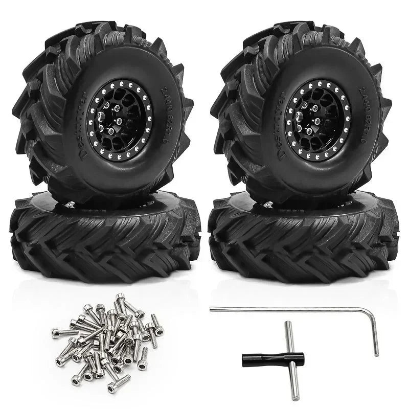 Set of four black metal beadlock wheels with tires and mounting hardware for an RC crawler