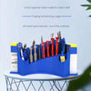 A blue desktop organizer rack designed for storing repair tools and electronics, featuring grid cabinets.