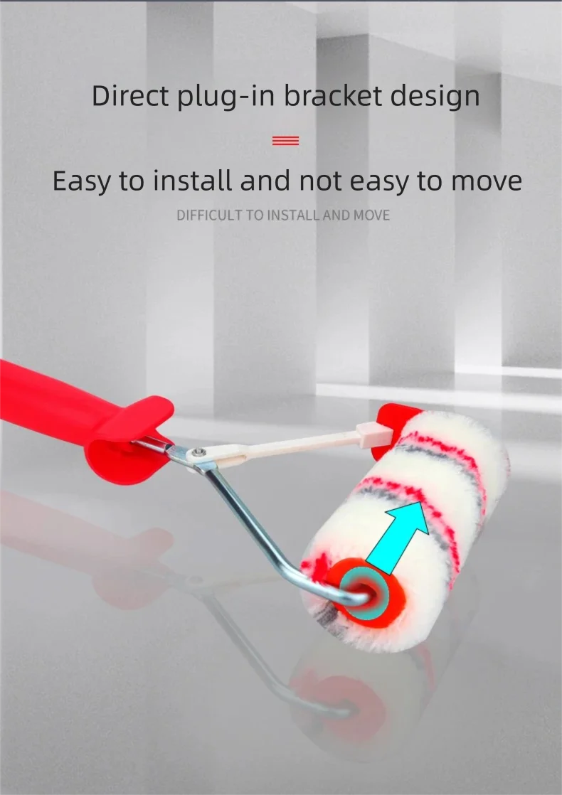 A red paint edger roller with a white handle is shown, demonstrating a direct plug-in bracket design.