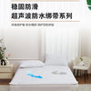 A white mattress protector with elastic straps is displayed on a bed, emphasizing its stability and antispidic properties.