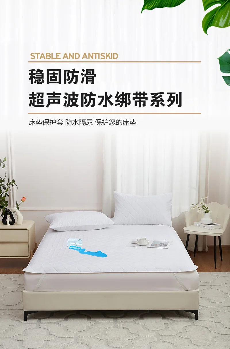 A white mattress protector with elastic straps is displayed on a bed, emphasizing its stability and antispidic properties.