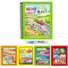 A green book titled Magic Water Book showing colorful illustrations of vehicles and nature scenes.
