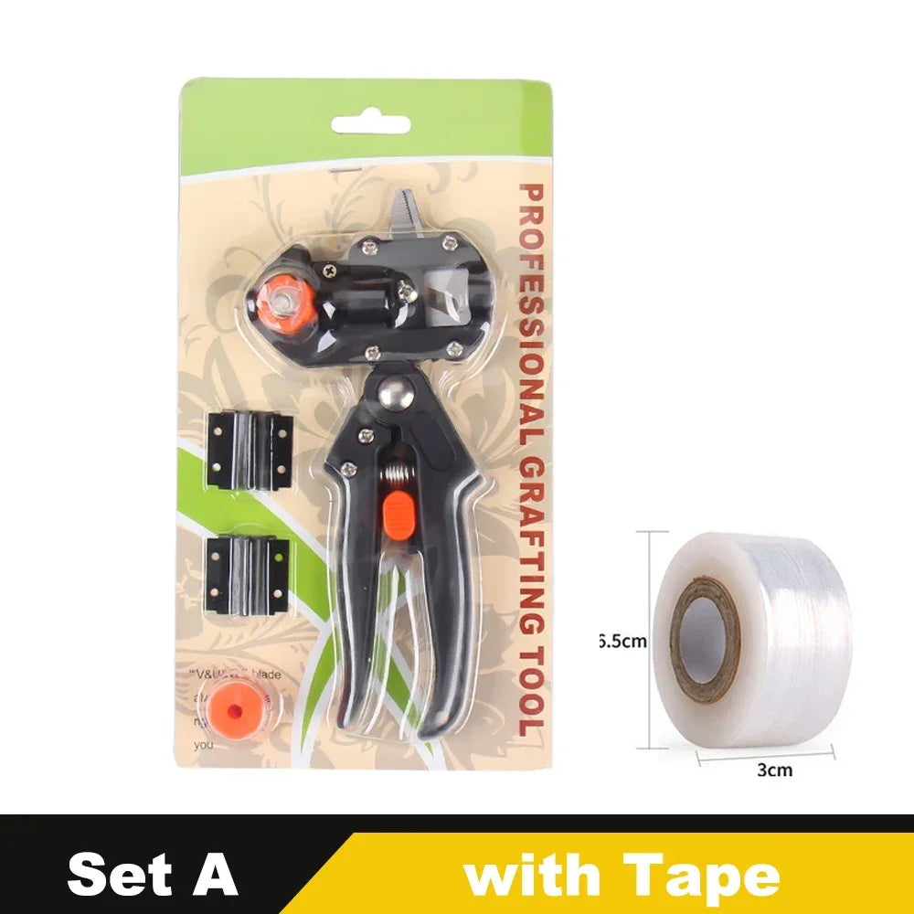A set of professional grafting tools including a pruner and tape for fruit trees and vines.