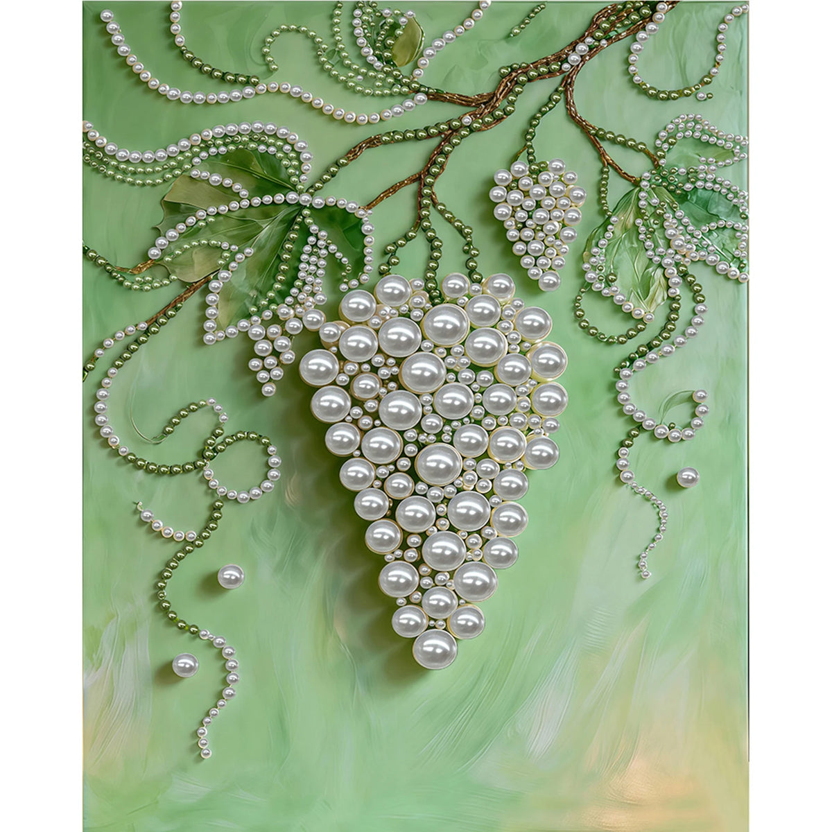 A painting featuring a delicate green branch adorned with white pearls and leaves on a light green background.