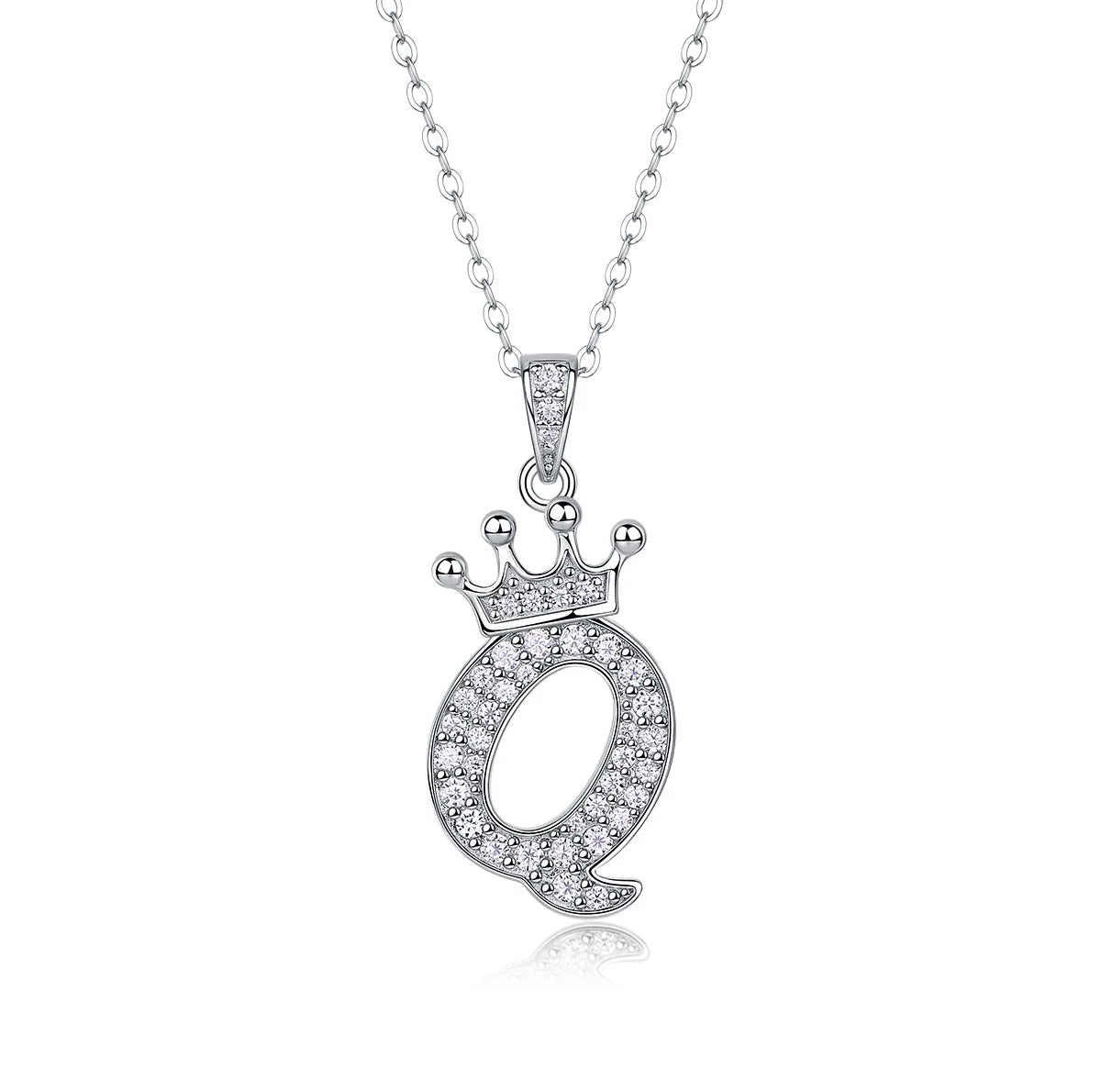 A sterling silver moissanite letter Q pendant necklace with a crown design.