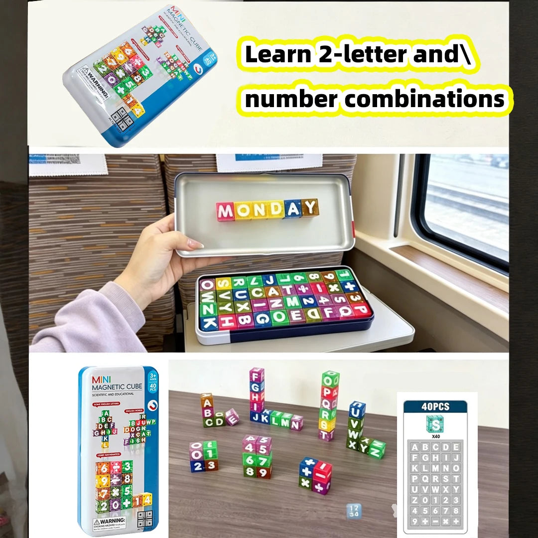 A set of magnetic alphabet and number building blocks with a storage box and corresponding cards for learning combinations.
