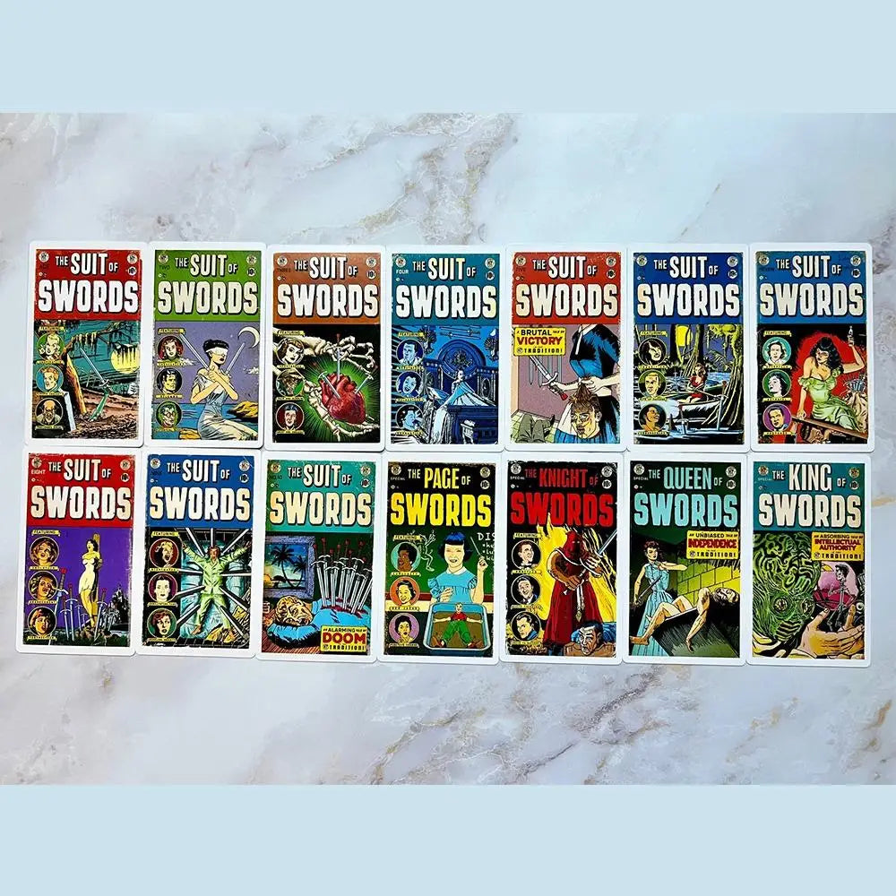 A collection of tarot cards featuring various suits like Swords, including illustrations inspired by macabre literature and p