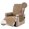 A beige waterproof non-slip recliner sofa cover with side pockets shown in a close-up view.