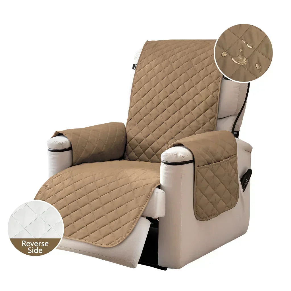 A beige waterproof non-slip recliner sofa cover with side pockets shown in a close-up view.