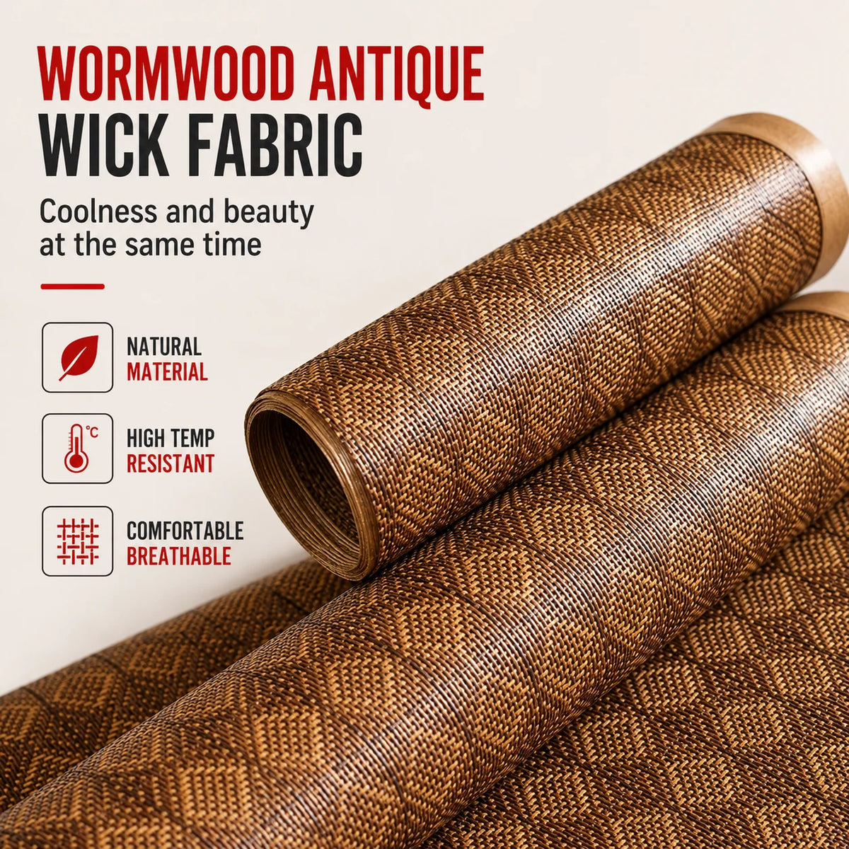 Rolls of Wormwood antique wick fabric showing a brown woven texture and breathable material.