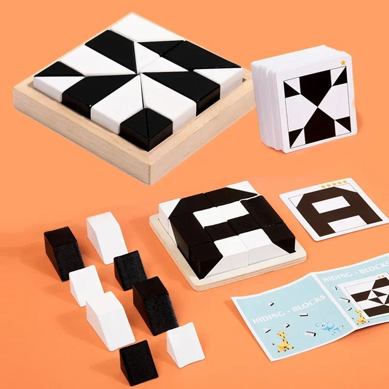 Wooden Geometric Shape Puzzle Blocks with Pattern Cards - Educational Logic Game for Kids