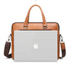 Tan Leder-Business-Aktentasche mit Griff und Schulterriemen, silberner Schnalle.
