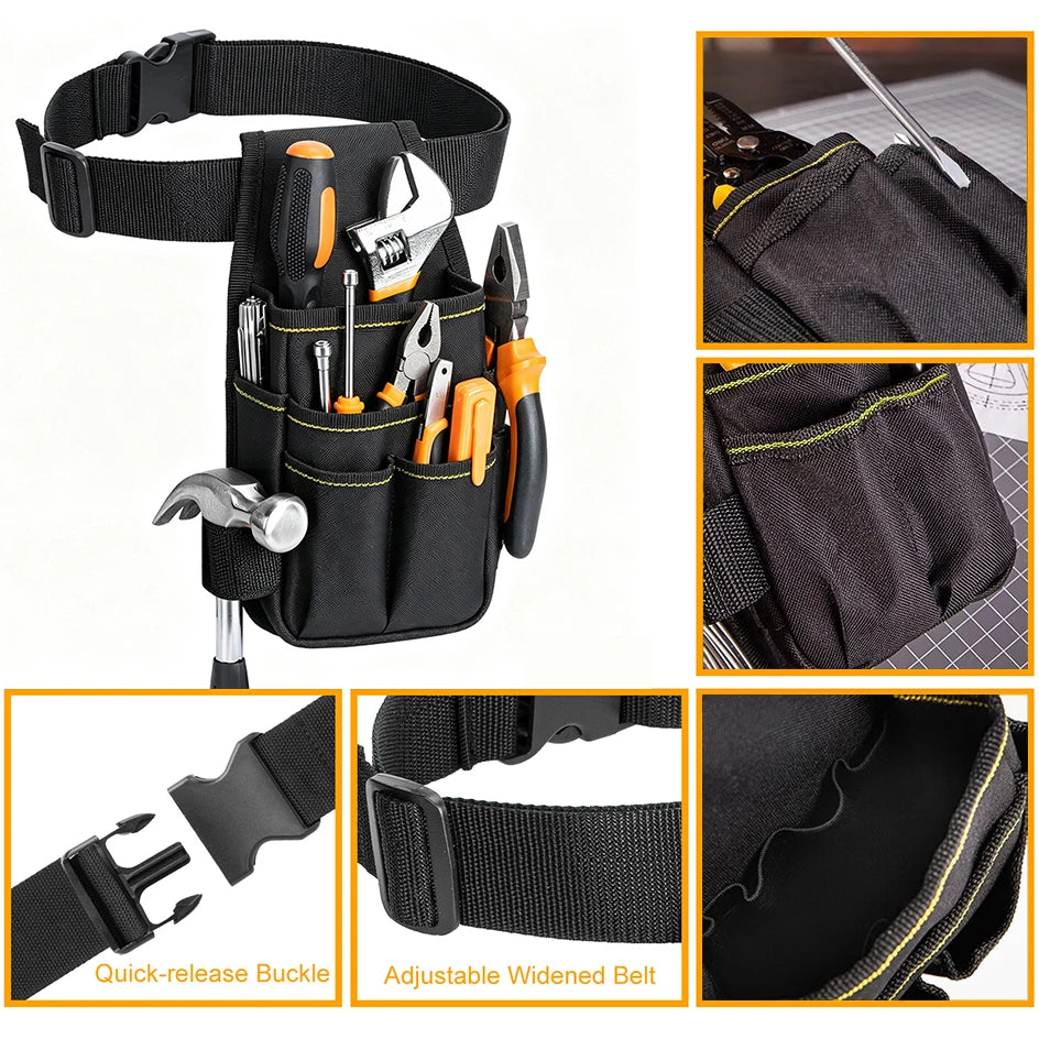Black adjustable waist tool pouch featuring multiple pockets and a quick-release buckle.