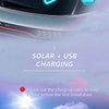 A close-up of a car interior showing an ice blue heart-shaped ambient light and text describing solar and USB charging featur