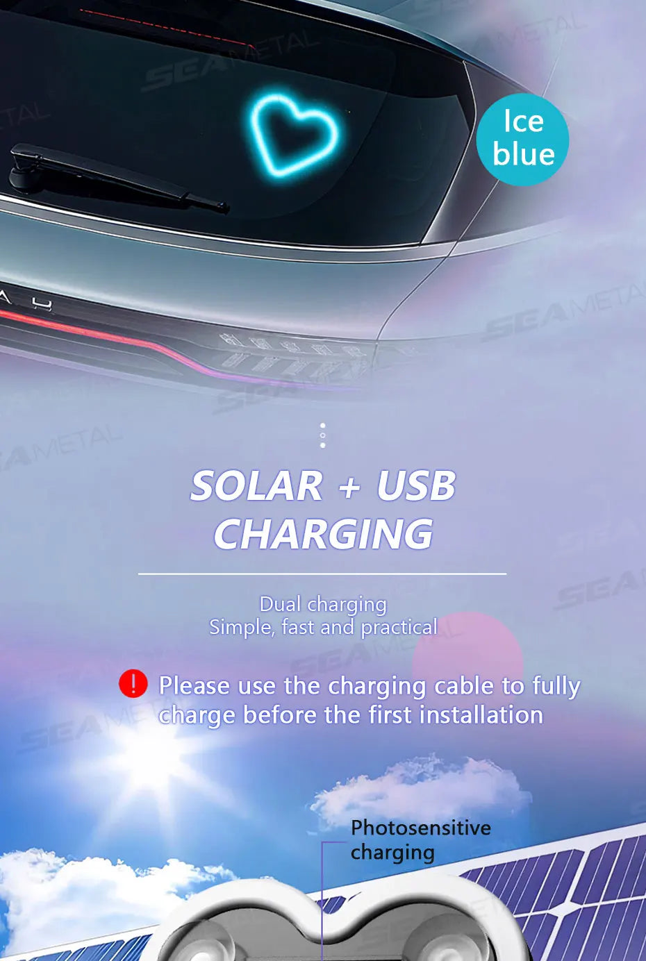 A close-up of a car interior showing an ice blue heart-shaped ambient light and text describing solar and USB charging featur