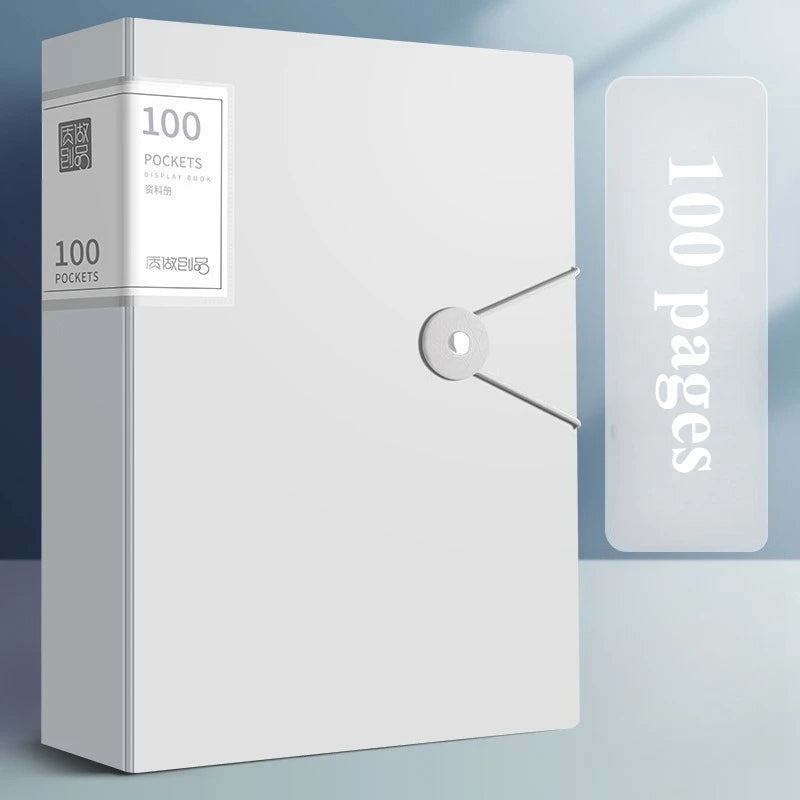 A white A4 expanding file organizer with clear pocket dividers and a transparent cover showing 100 pages.