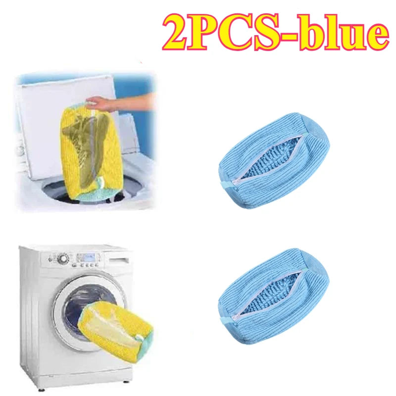 Two blue reusable shoe washing bags shown, one inside a washing machine and one separate.