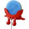 A red sponge holder with a blue, circular sponge inside and a hanging design.
