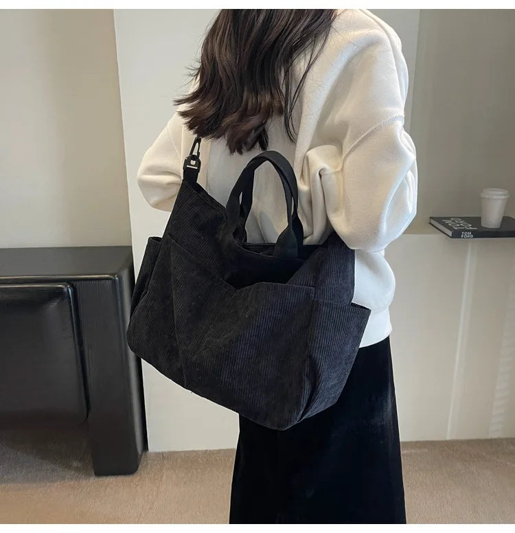 Multi-Pocket Corduroy Tote Bag – Large Capacity Casual Satchel for Travel, Work & Commute