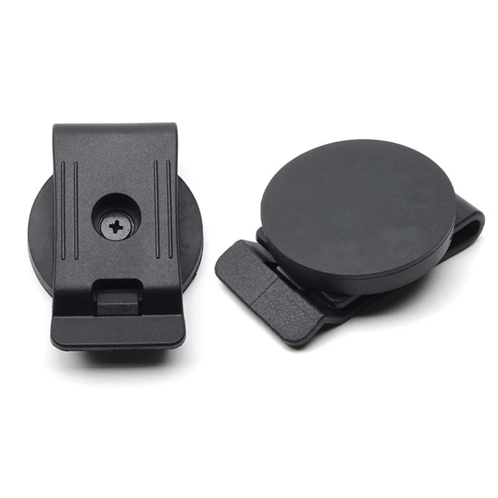 A black heavy-duty magnetic belt clip for tools, shown with its attached magnetic disc.
