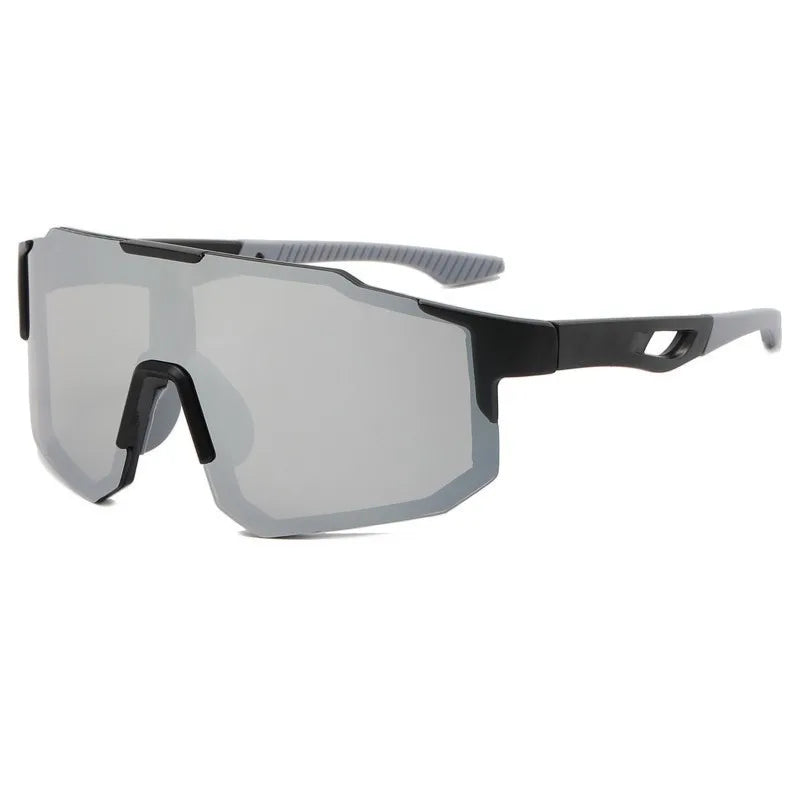 Gray sports sunglasses with black frames and adjustable arms